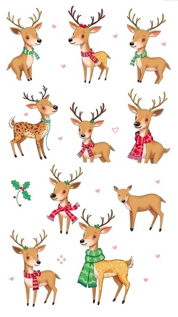 A variety of festive deer doodles with Christmas decorations, perfect for holiday crafts.